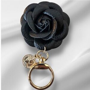 Black Leather Flower Keychain, Bag Charm with Gold Ring Adorn Your Handbag NEW